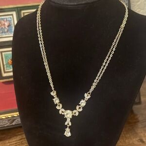 Silver Necklace with Y-Shape Teardrop Crystal Accents